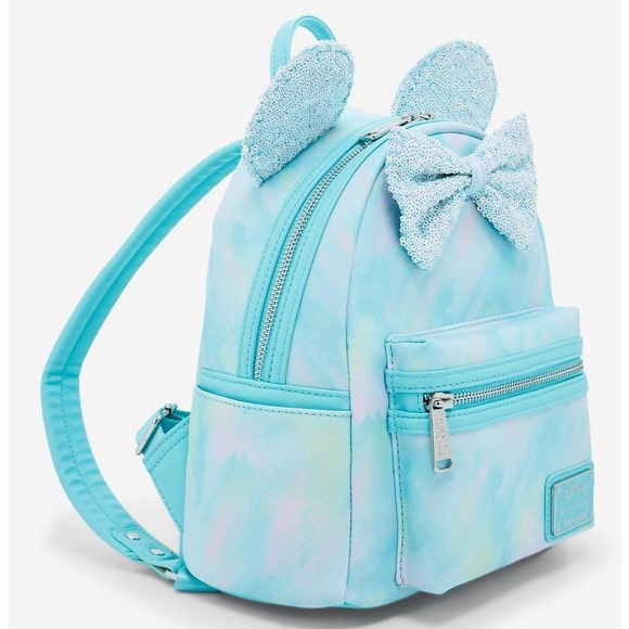NEW Loungefly Disney Minnie Mouse blue Sequin Bow Mini Backpack and wallet set - Picture 4 of 12